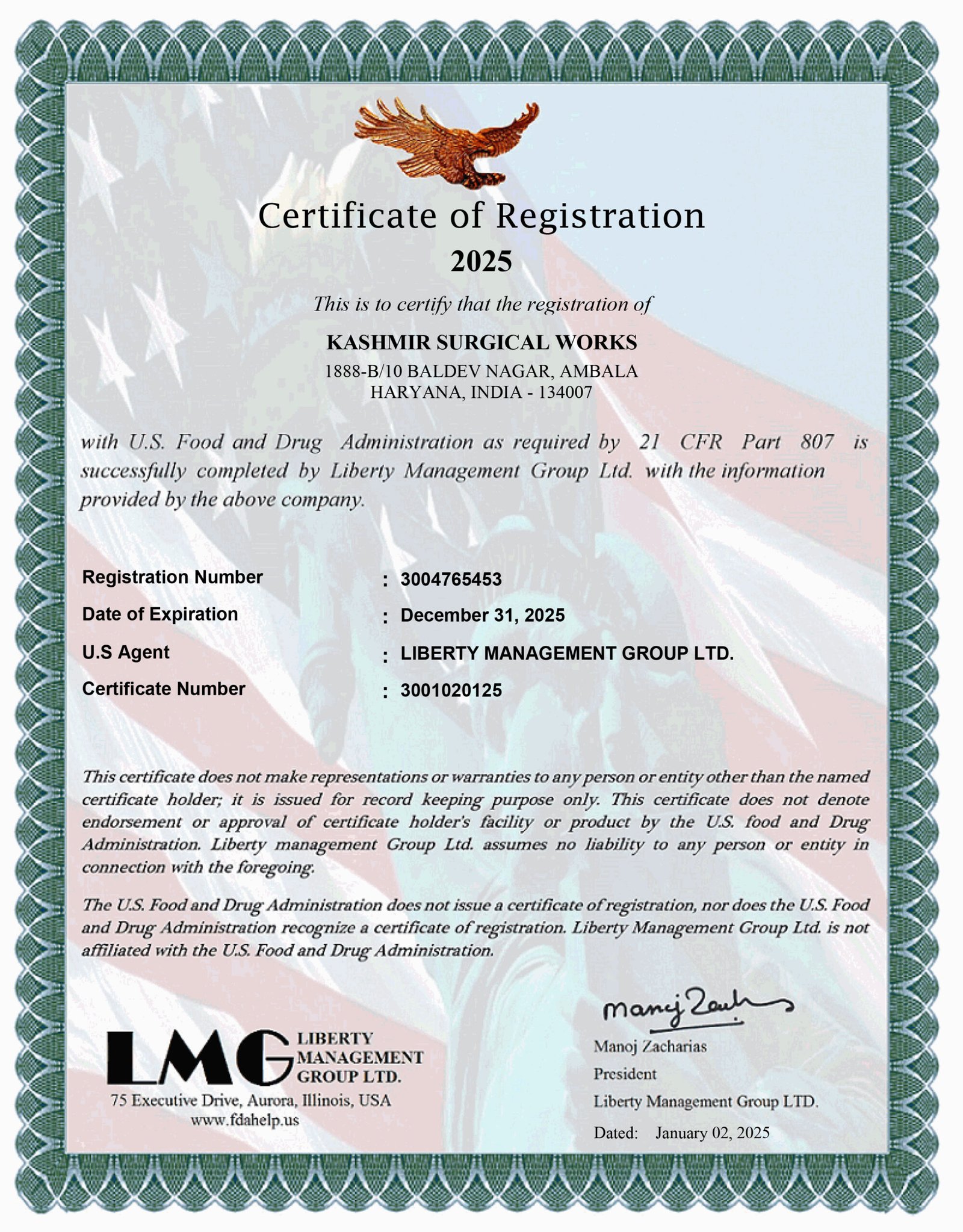 Kashmir Surgical-FDA-Certificate2025